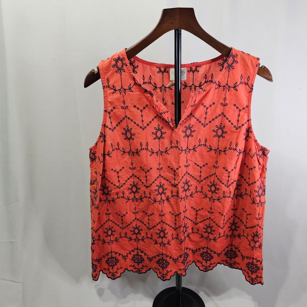 St. Johns Bay Blouse Womens  Red/Navy Embroidered V Neck Scalloped Hem Boho L